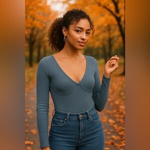 Intimately Free Ribbed Long Sleeve Bodysuit Blue Size M/L